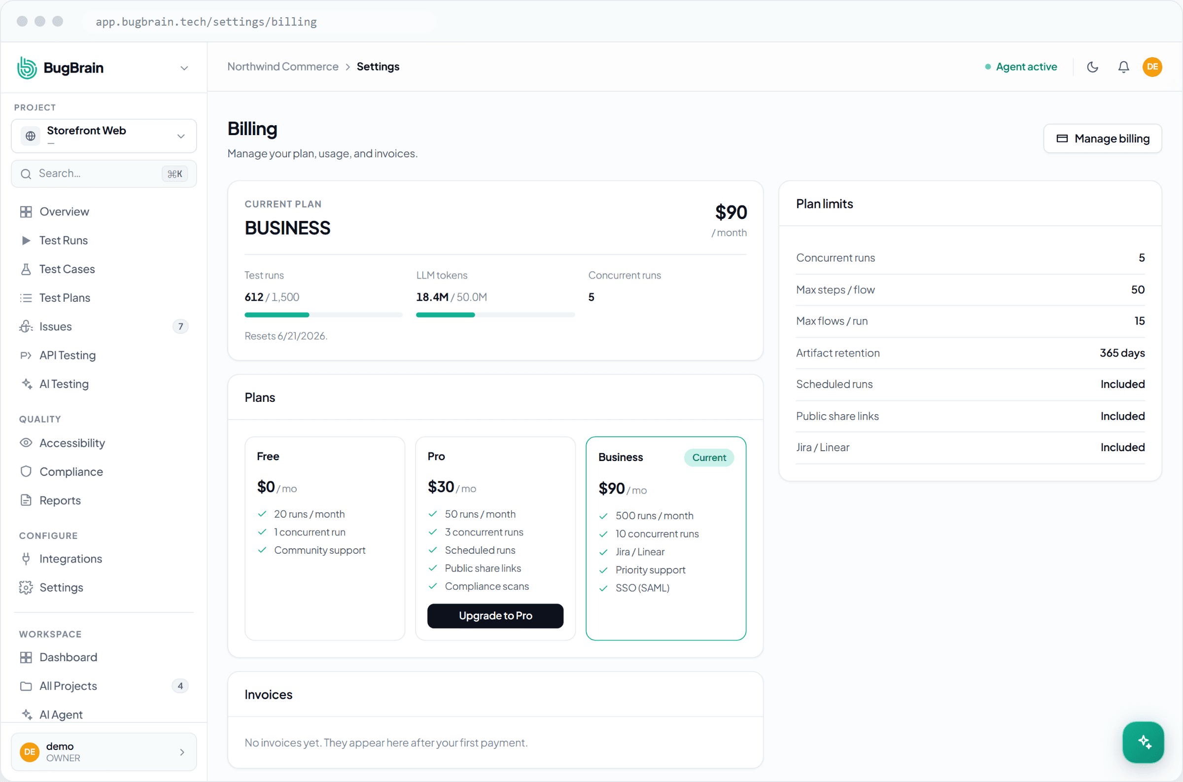 BugBrain billing screen showing current plan, usage, and plan limits